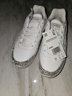 Reebok White Kids Sneakers with Silver Rhinestone Trim